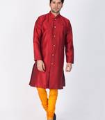 Men Maroon Silk Blend Sherwani Style Kurta Set