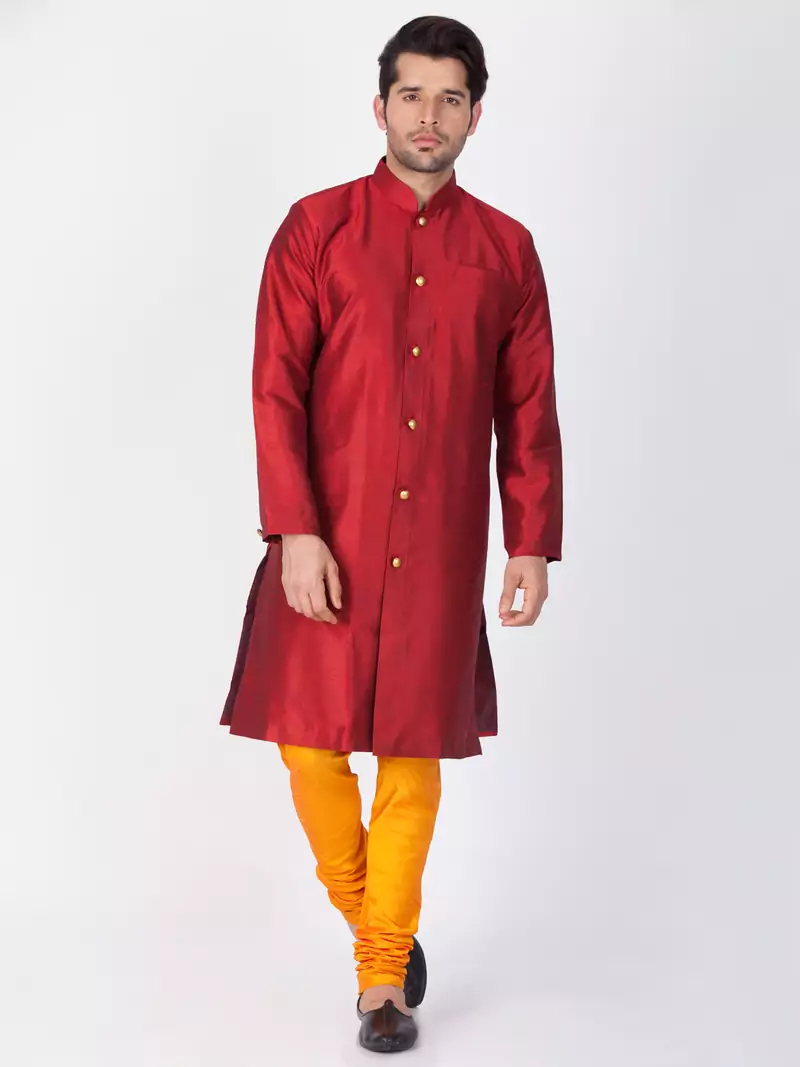 Men Maroon Silk Blend Sherwani Style Kurta Set