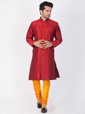 Men Maroon Silk Blend Sherwani Style Kurta Set 3