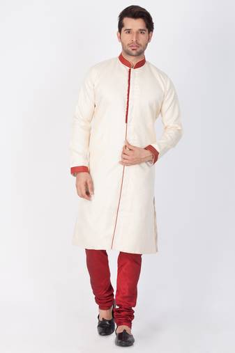 Men Gold Silk Blend Sherwani Style Kurta Set