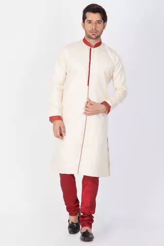 Men Gold Silk Blend Sherwani Style Kurta Set