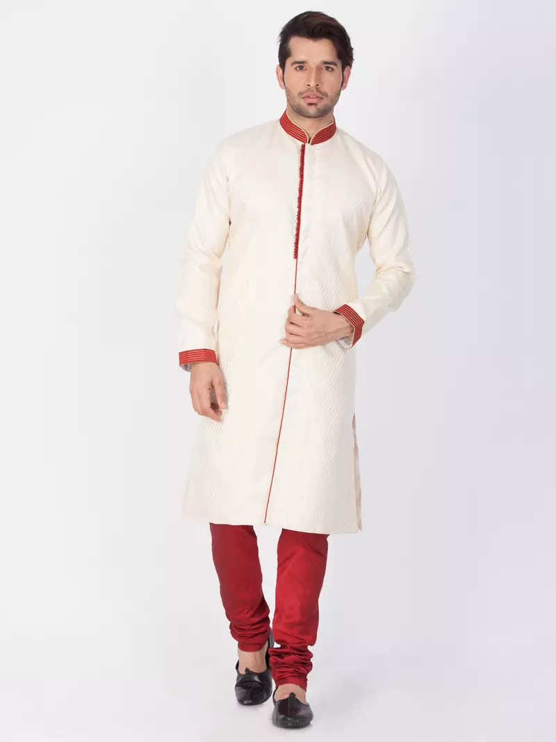 Men Gold Silk Blend Sherwani Style Kurta Set