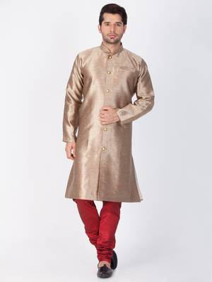 Men Gold Silk Blend Sherwani Style Kurta Set 1