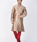 Men Gold Silk Blend Sherwani Style Kurta Set