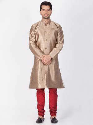 Men Gold Silk Blend Sherwani Style Kurta Set 3