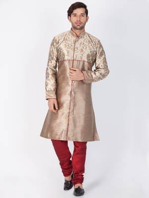 Men Gold Silk Blend Sherwani Style Kurta Set 1