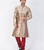 Men Gold Silk Blend Sherwani Style Kurta Set