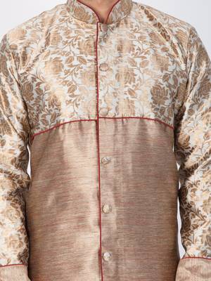 Men Gold Silk Blend Sherwani Style Kurta Set 2