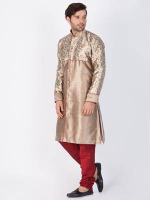 Men Gold Silk Blend Sherwani Style Kurta Set 3