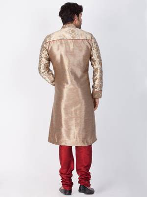 Men Gold Silk Blend Sherwani Style Kurta Set 4