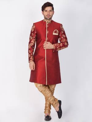 Men Maroon Silk Blend Sherwani Set 1
