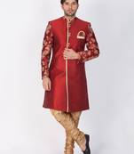 Men Maroon Silk Blend Sherwani Set
