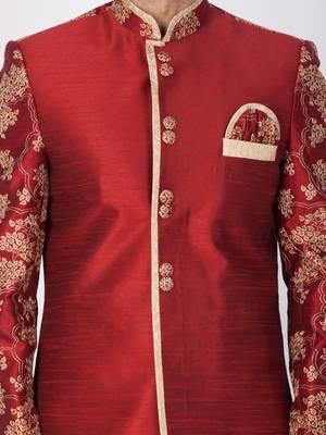 Men Maroon Silk Blend Sherwani Set 2
