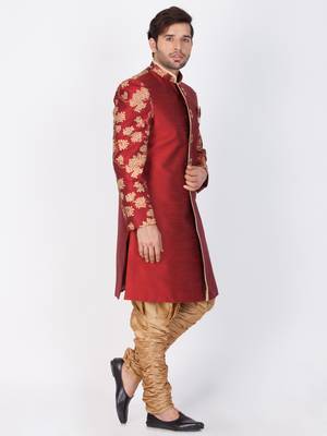 Men Maroon Silk Blend Sherwani Set 3