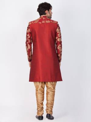 Men Maroon Silk Blend Sherwani Set 4