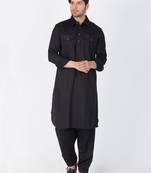 Black Cotton Blend Pathani Kurta Set