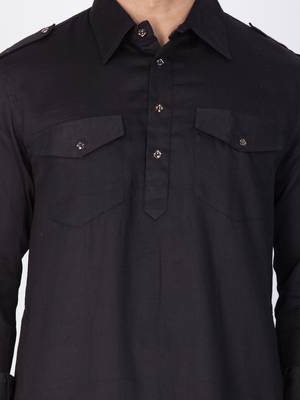 Black Cotton Blend Pathani Kurta Set 2
