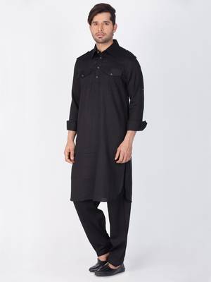 Black Cotton Blend Pathani Kurta Set 3