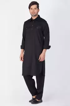 Black Cotton Blend Pathani Kurta Set