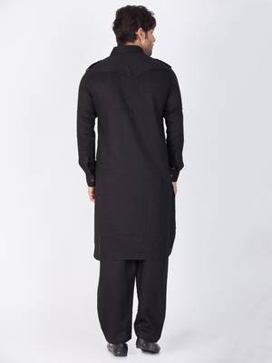 Black Cotton Blend Pathani Kurta Set 4