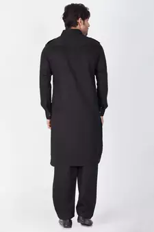 Black Cotton Blend Pathani Kurta Set