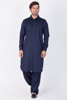 Men Blue Cotton Pathani/Khan Suit Set