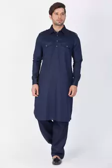 Men Blue Cotton Pathani/Khan Suit Set