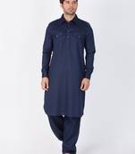 Men Blue Cotton Pathani/Khan Suit Set