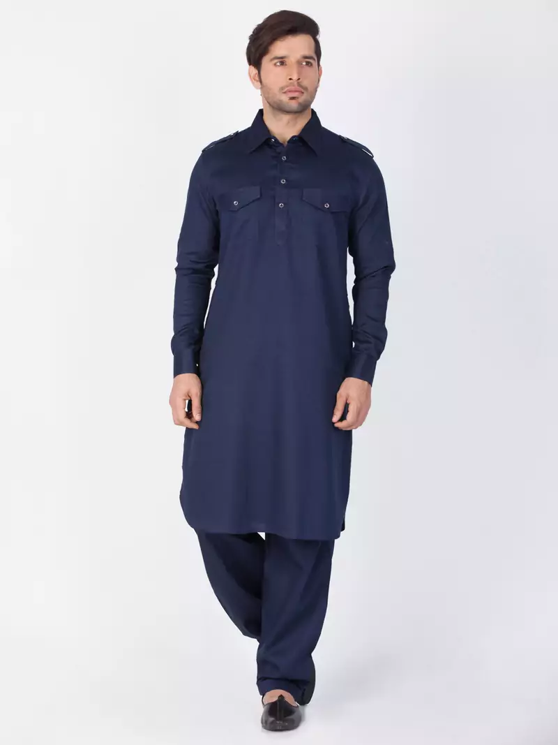 Men Blue Cotton Pathani/Khan Suit Set