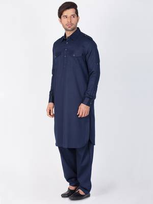 Men Blue Cotton Pathani/Khan Suit Set 3