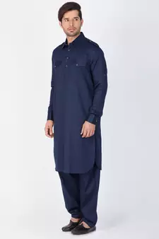 Men Blue Cotton Pathani/Khan Suit Set