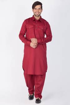 Men Maroon Cotton Pathani/Khan Suit Set