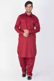 Men Maroon Cotton Pathani/Khan Suit Set