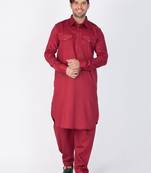 Men Maroon Cotton Pathani/Khan Suit Set