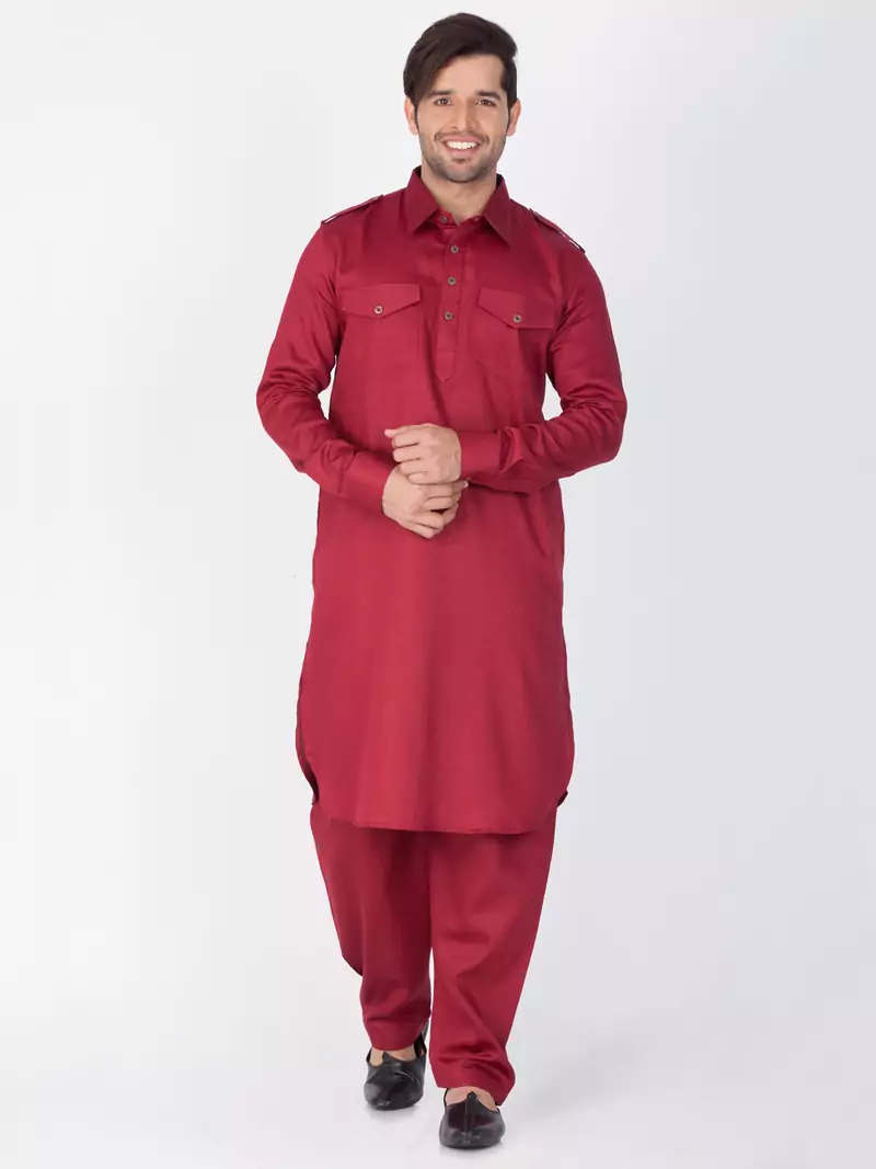 Men Maroon Cotton Pathani/Khan Suit Set