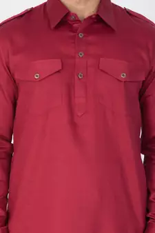 Men Maroon Cotton Pathani/Khan Suit Set