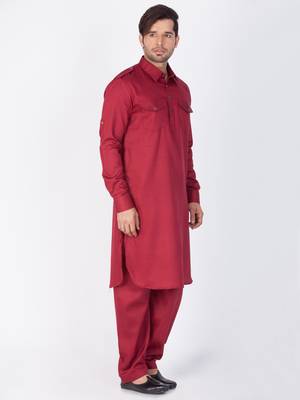 Men Maroon Cotton Pathani/Khan Suit Set 3