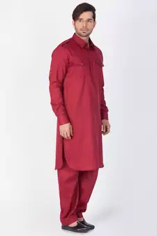 Men Maroon Cotton Pathani/Khan Suit Set
