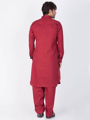 Men Maroon Cotton Pathani/Khan Suit Set 4