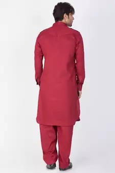 Men Maroon Cotton Pathani/Khan Suit Set