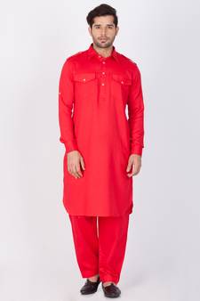 Men Red Cotton Pathani/Khan Suit Set