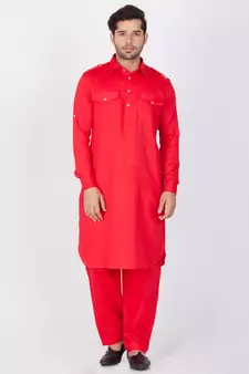 Men Red Cotton Pathani/Khan Suit Set