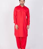 Men Red Cotton Pathani/Khan Suit Set