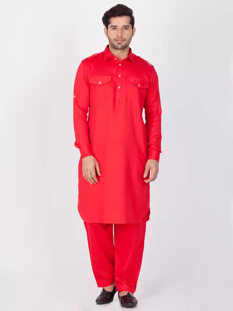 Men Red Cotton Pathani/Khan Suit Set