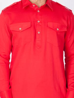 Men Red Cotton Pathani/Khan Suit Set 2