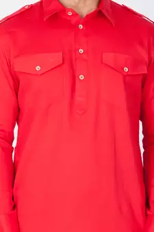 Men Red Cotton Pathani/Khan Suit Set