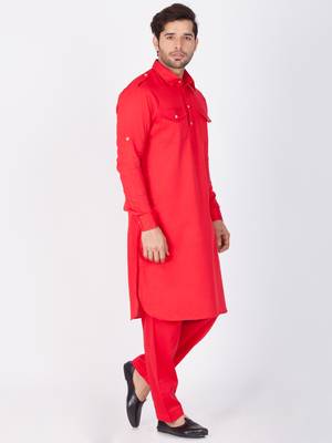 Men Red Cotton Pathani/Khan Suit Set 3