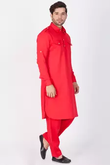 Men Red Cotton Pathani/Khan Suit Set