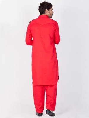 Men Red Cotton Pathani/Khan Suit Set 4