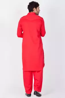 Men Red Cotton Pathani/Khan Suit Set